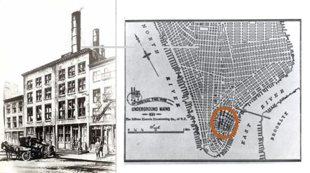 Edison's Pearl Street Station and the area of Manhattan that it served